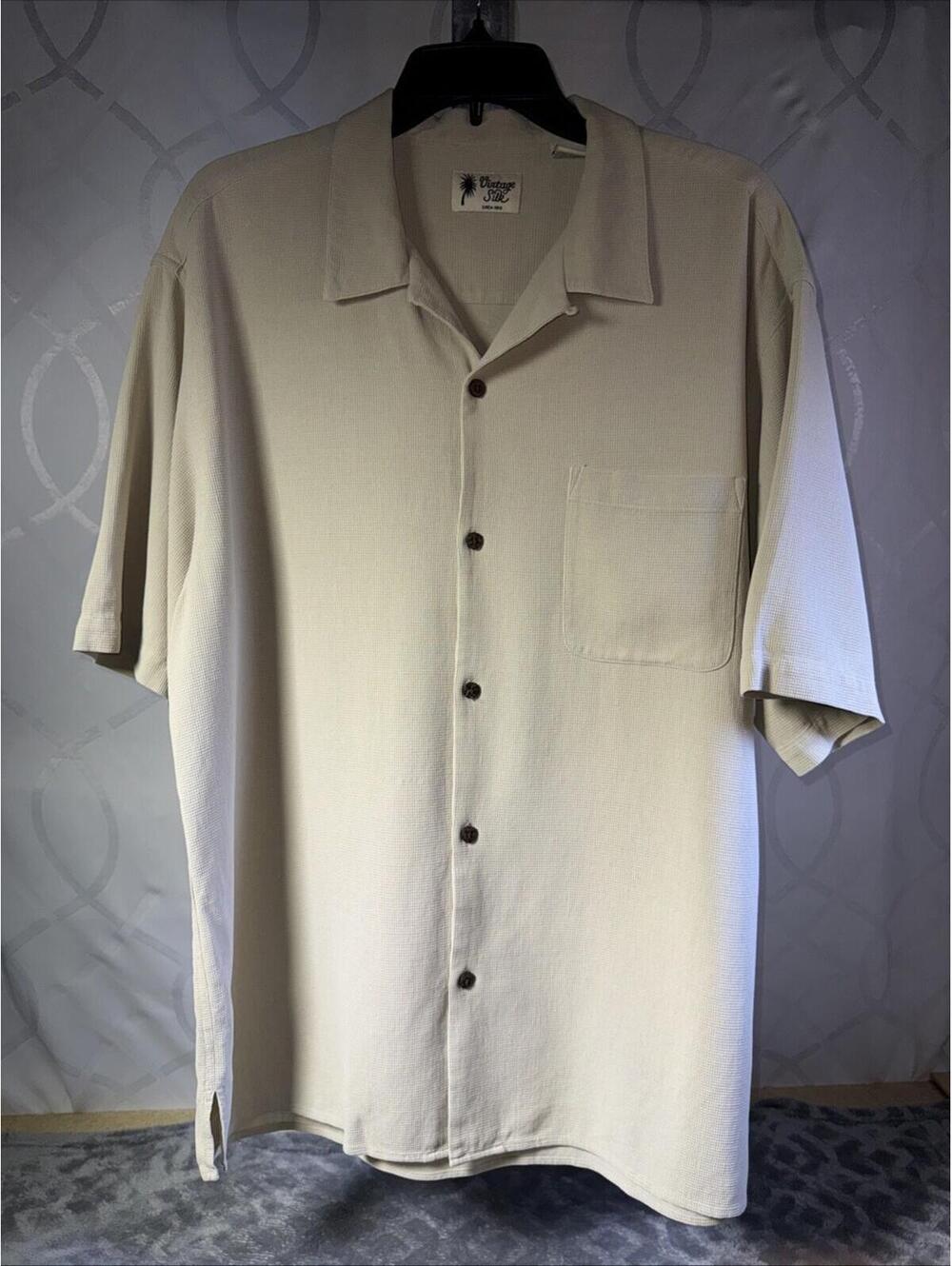Vintage Silk Tan Mens XL 100% Silk Button Up Shirt